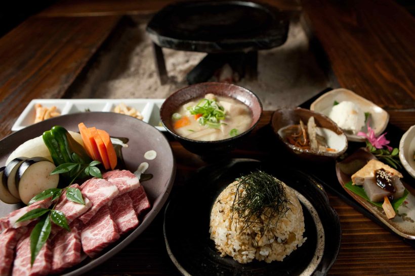Charcoal-grilled Akagyu Beef, Akadozuke & Tsukemono pickles
